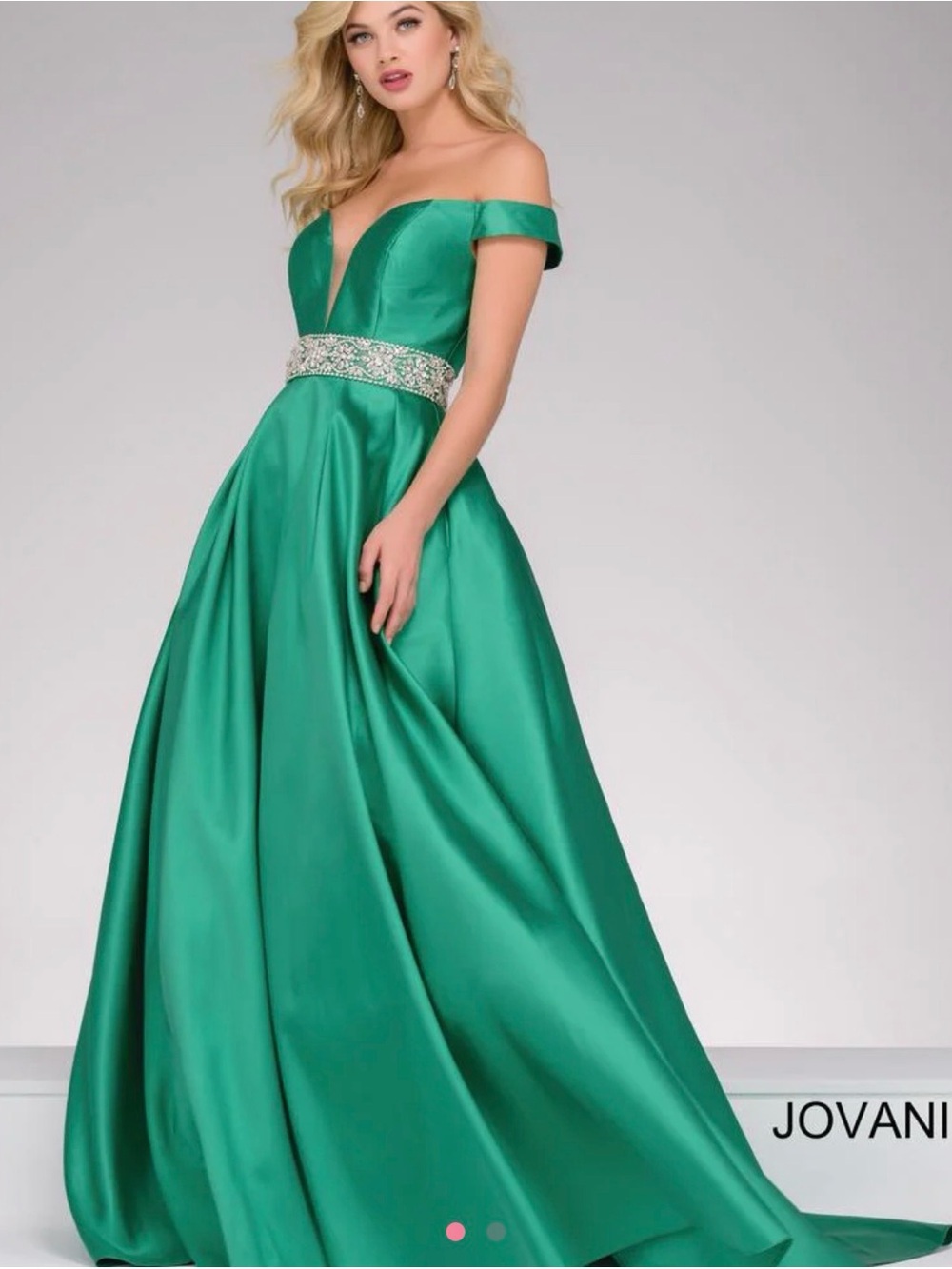 Jovani Emerald Off-Shoulder Ball Gown with Embellished Waist size 10
